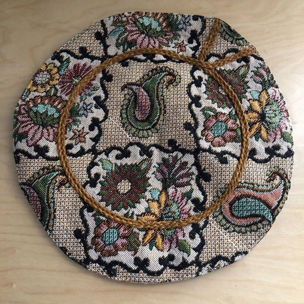 2 Vintage Tapestry Pillow Covers 11" Circle Gold Brown Tan Red Floral Paisley